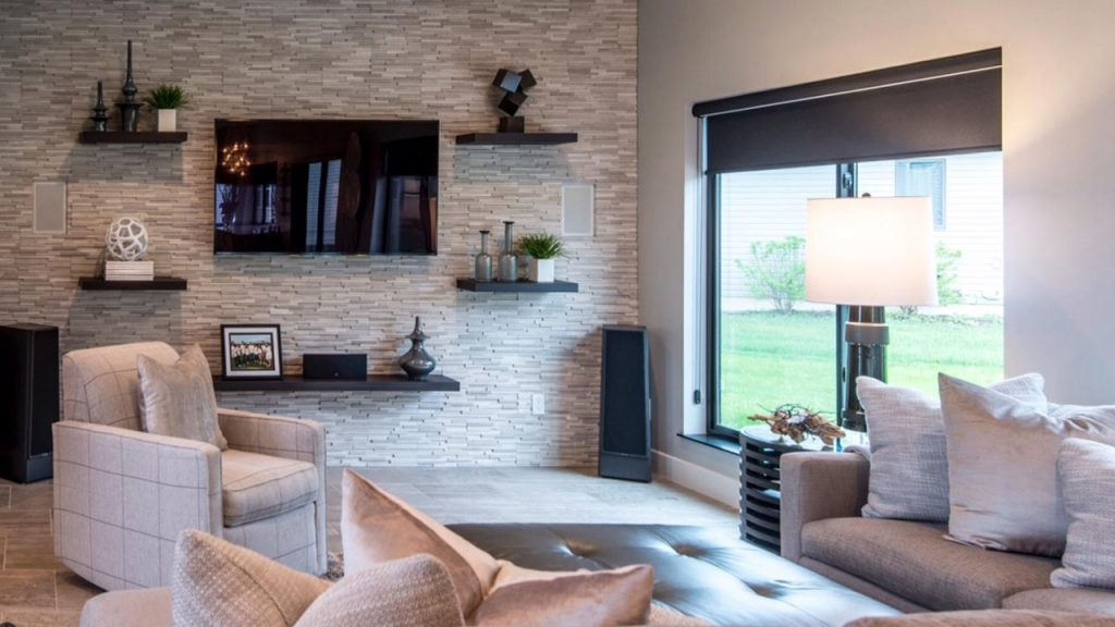 stone faced accent wall living room
