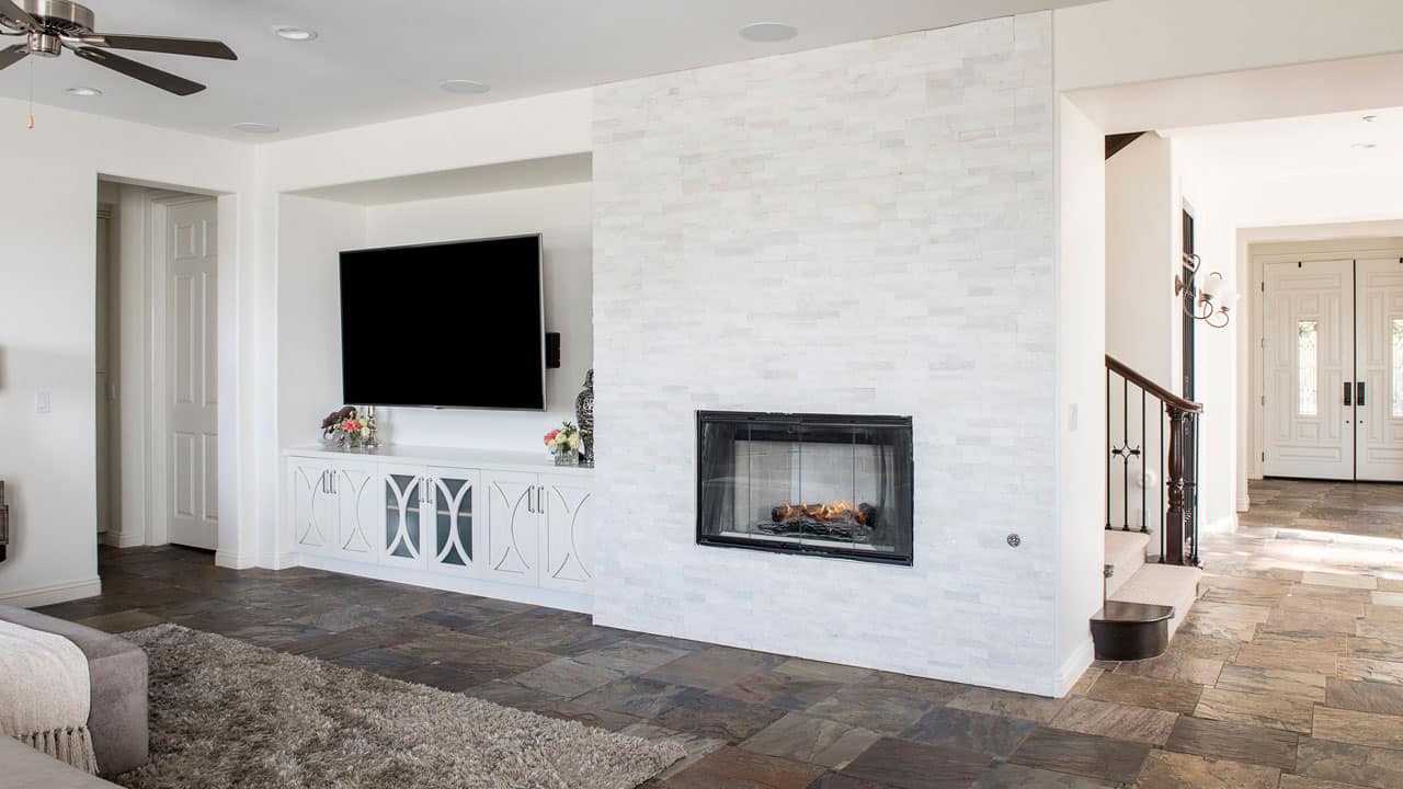 white stone fireplace